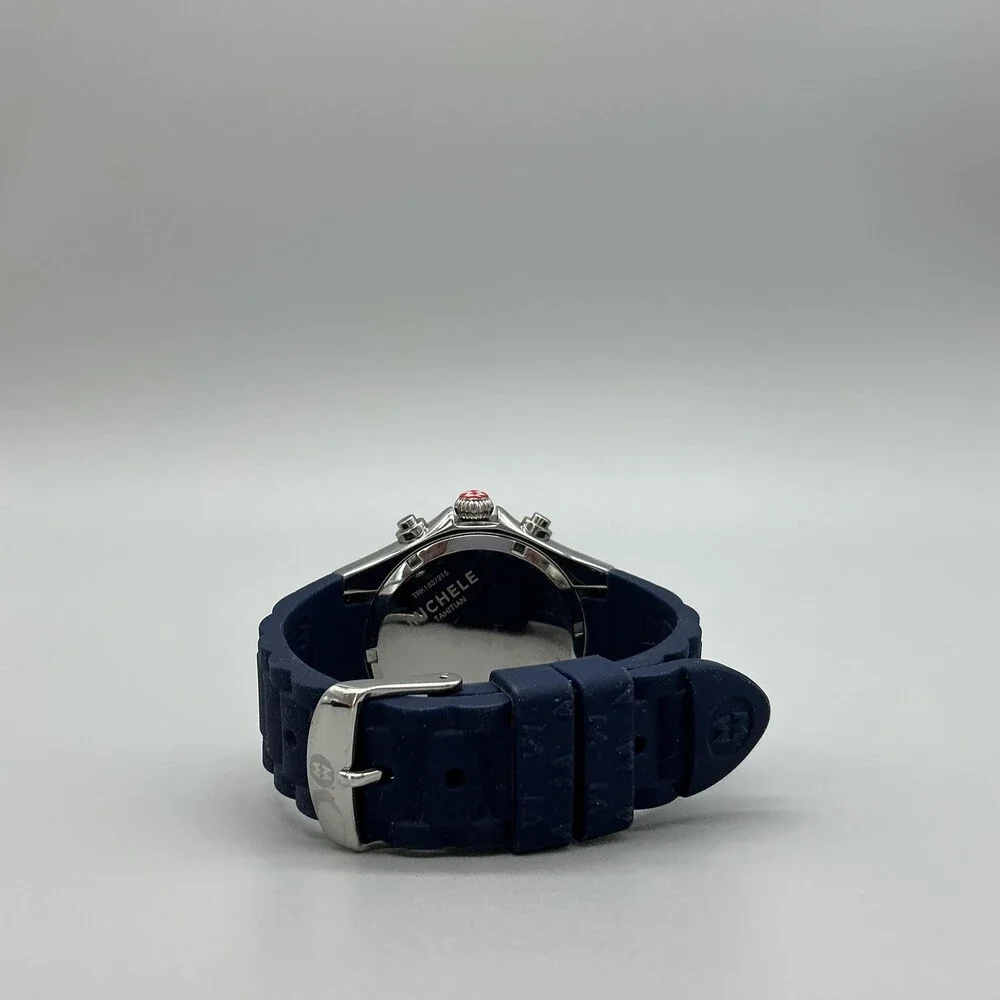 Michele Tahitian Womens Watch 41mm Silver Tone Chrono Blue Rubber New Battery